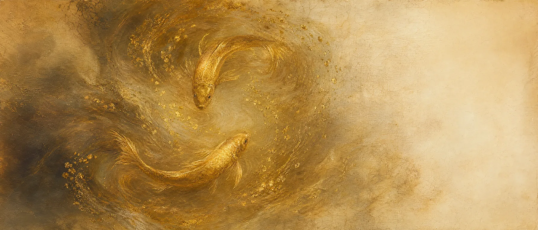 Painterly artwork of two golden fish circling in luminous swirling water scattered with flecks of gold light.