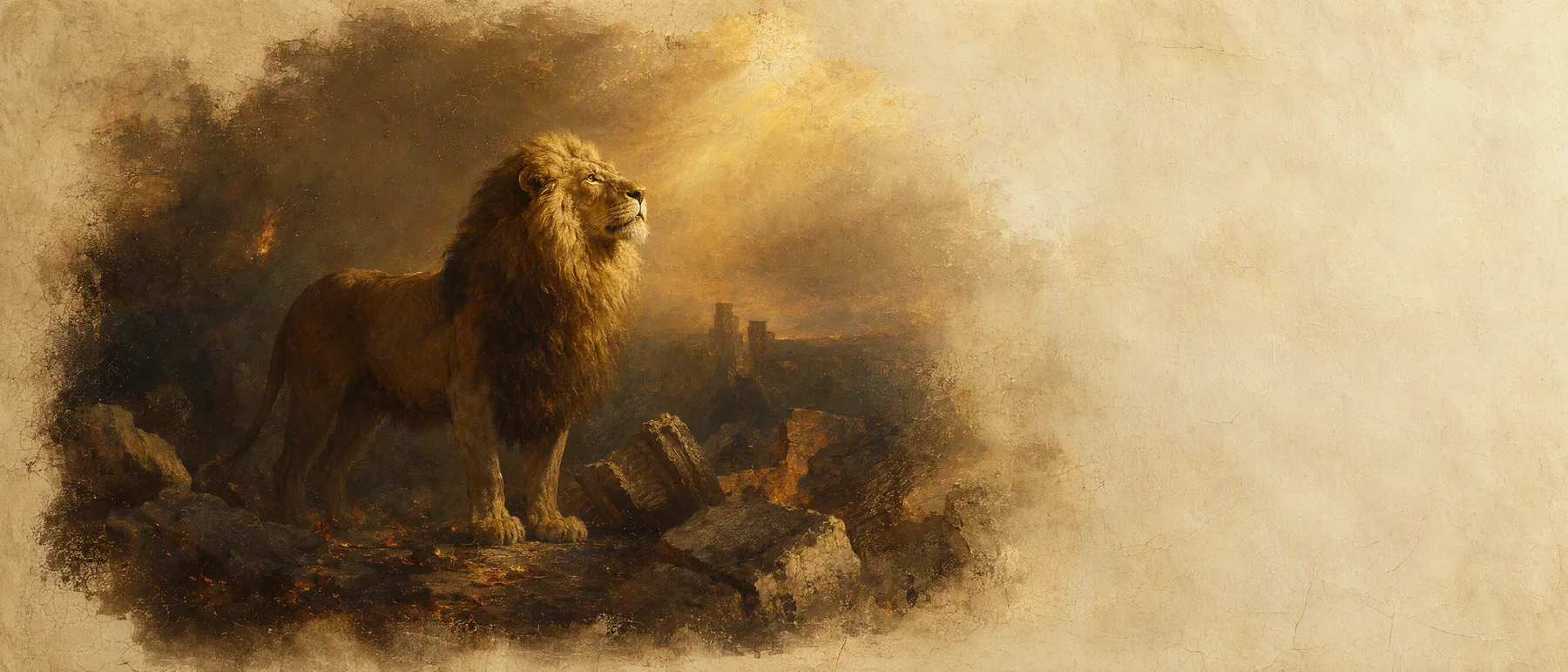 Painterly artwork of a lion standing among fallen ancient stones at dusk, a single shaft of dawn light breaking through.