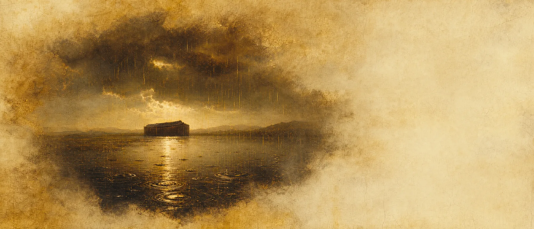 Painterly artwork of the first heavy rain falling on dark still water, a distant ark-like silhouette under an umber sky.