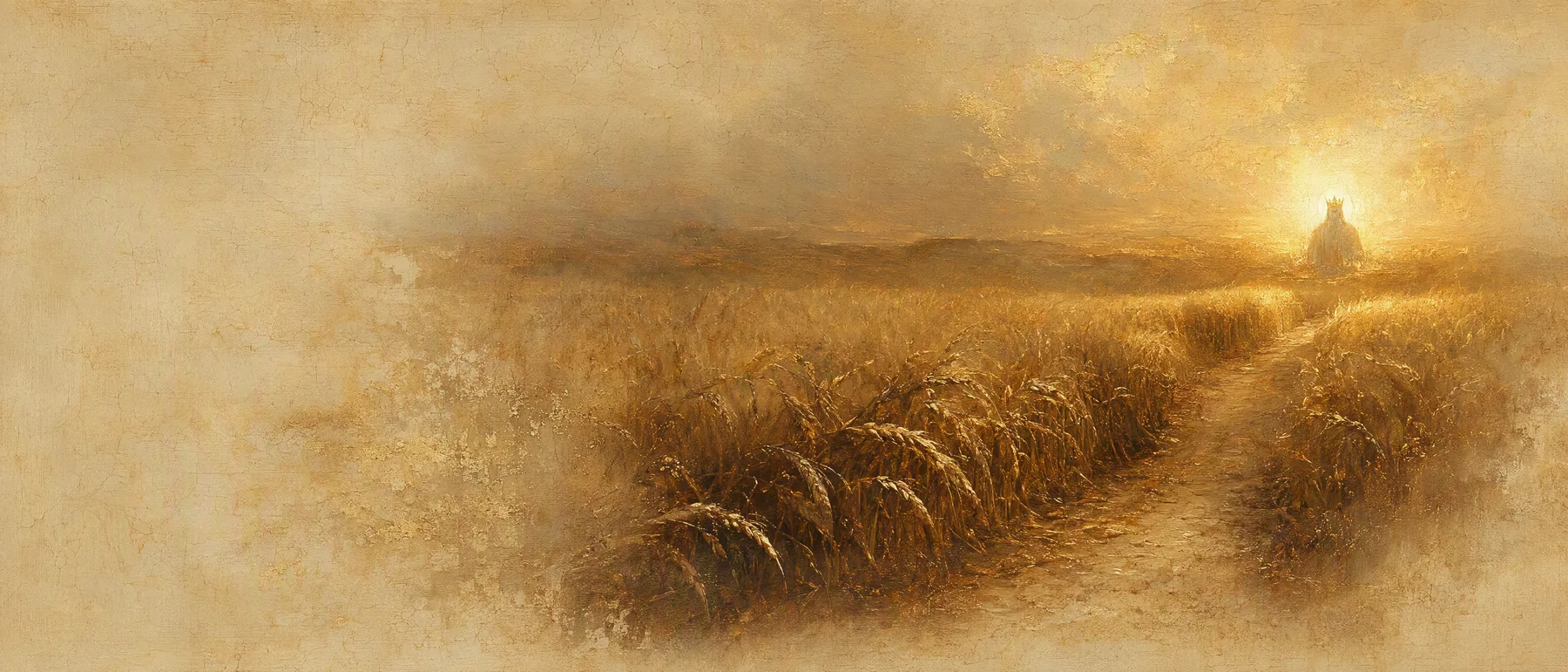 Painterly artwork of a golden wheat field at late-summer dusk, a narrow path curving toward a soft radiant glow at the field’s edge.