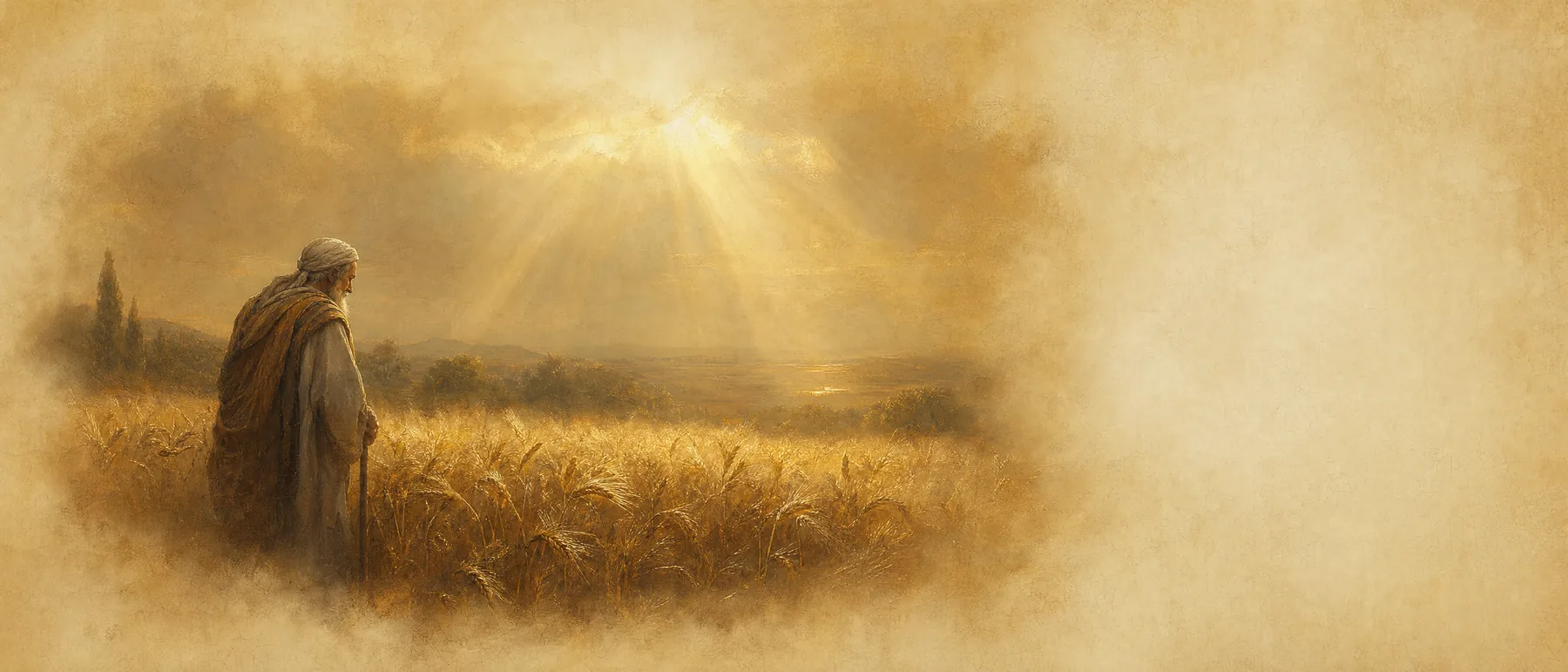 Painterly artwork of morning light breaking through mist over a ripening barley field, rendered in gold and umber on vellum.