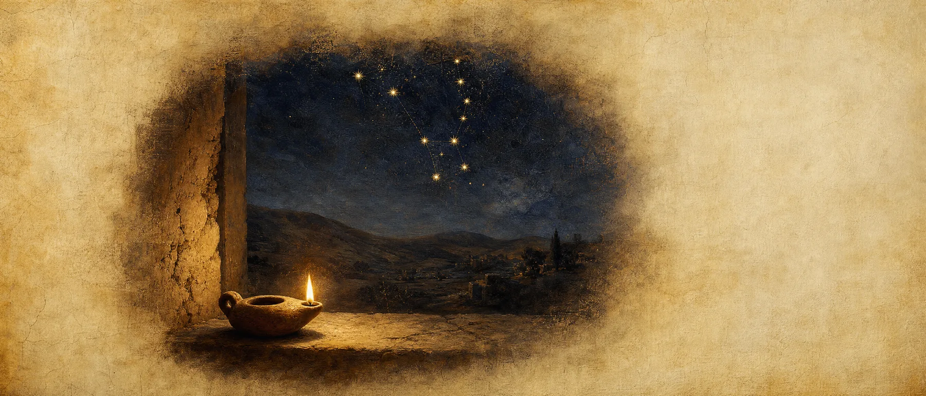 Painterly artwork of Orion in a deep night sky of gold stars over sleeping hills, one small oil-lamp flame burning in the foreground.