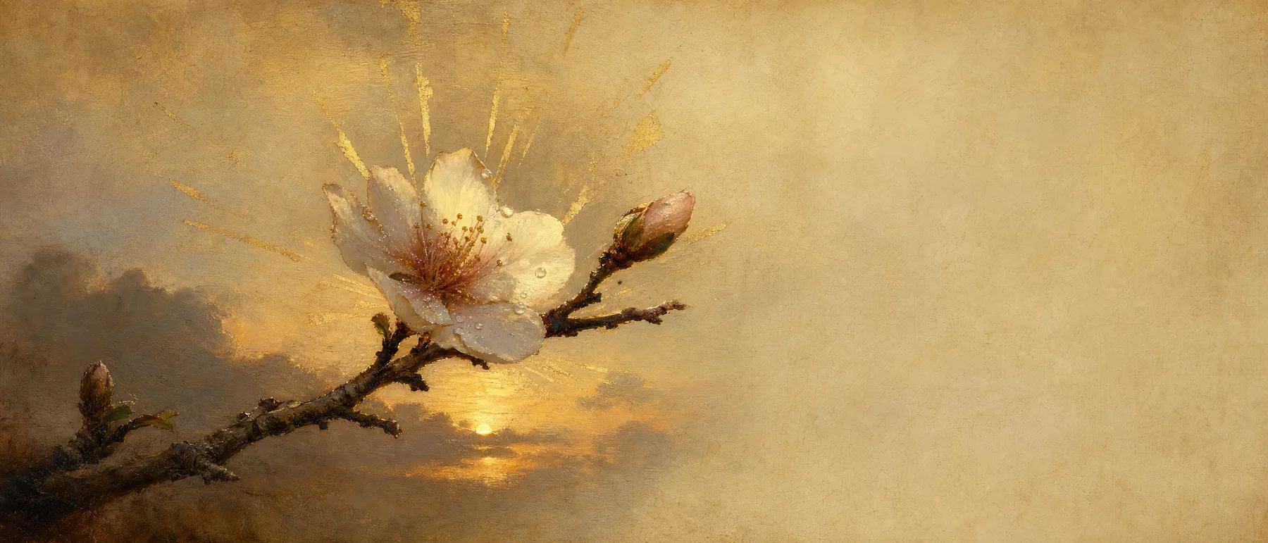 Painterly artwork of an almond branch breaking into first white blossom against a dawn parchment sky, gold-leaf light on the petals.