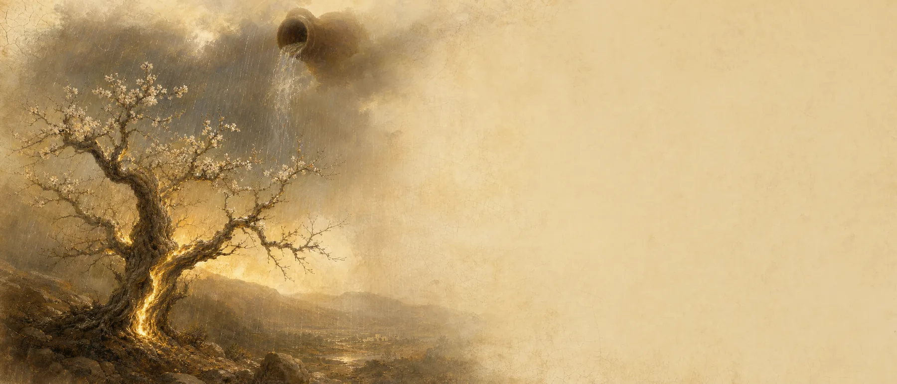 Painterly artwork of an ancient almond tree in first bloom as rain pours from a tilted clay vessel in the sky, branches glowing with rising light.