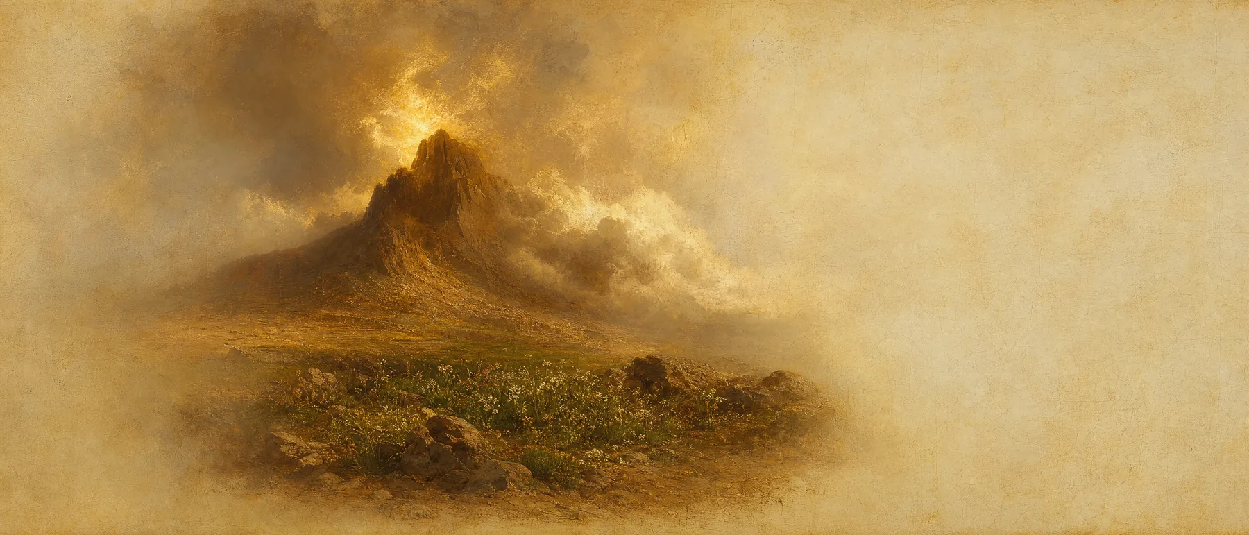 Painterly artwork of a desert mountain wrapped in luminous cloud and golden fire-light, wildflowers blooming at its base.