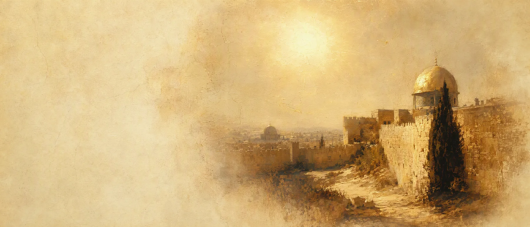 Painterly artwork of a blazing midsummer sun over ancient golden stone walls, heat shimmering across a dry landscape.