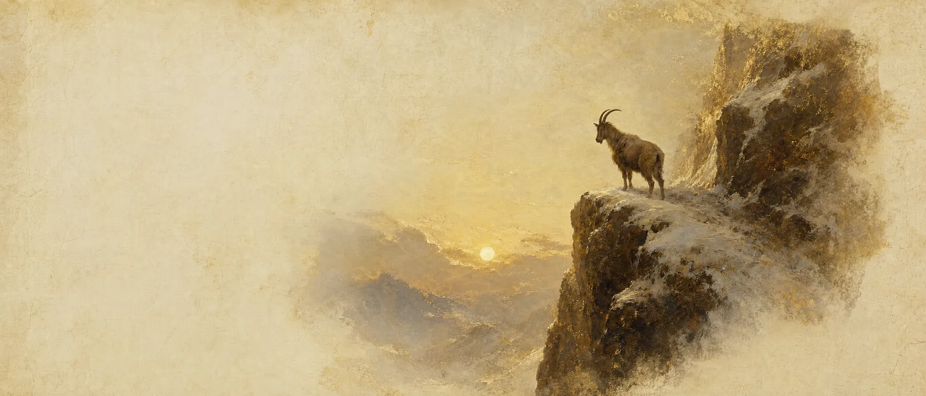 Painterly artwork of a mountain goat poised on a stark rocky cliff in cold winter light, snow dust catching a thin gold sun.