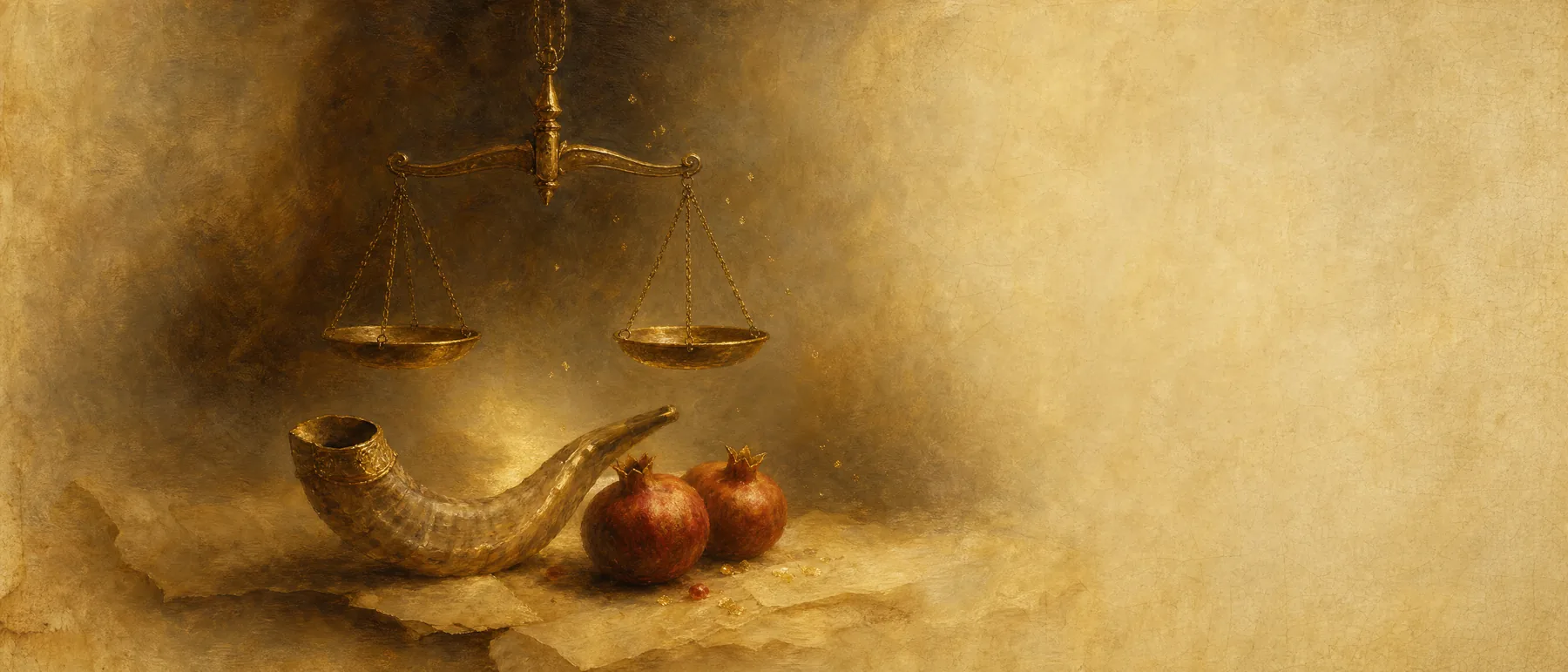 Painterly artwork of antique golden balance scales suspended in soft light above a shofar and pomegranates on parchment.