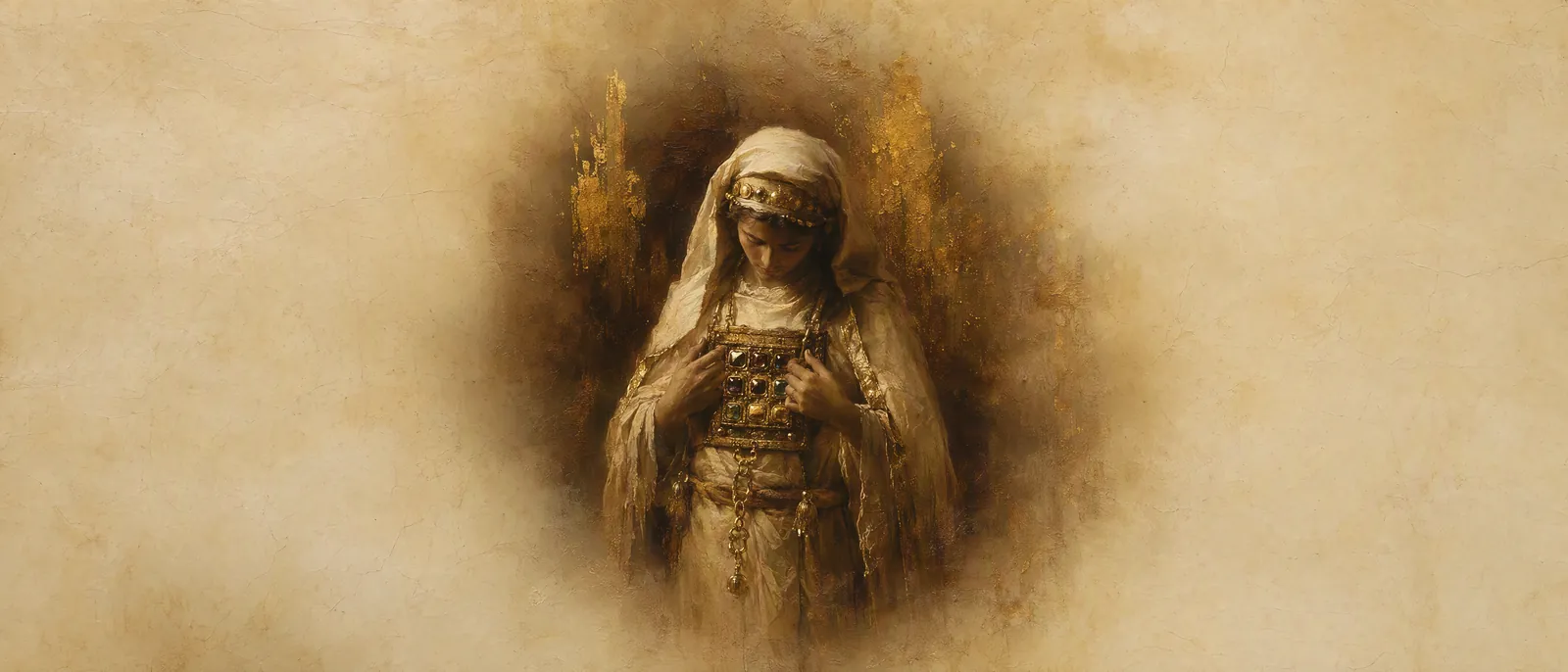 Painterly illuminated-manuscript artwork evoking the Hebrew name Adi: Ornament, jewel — what Israel wore from Sinai.
