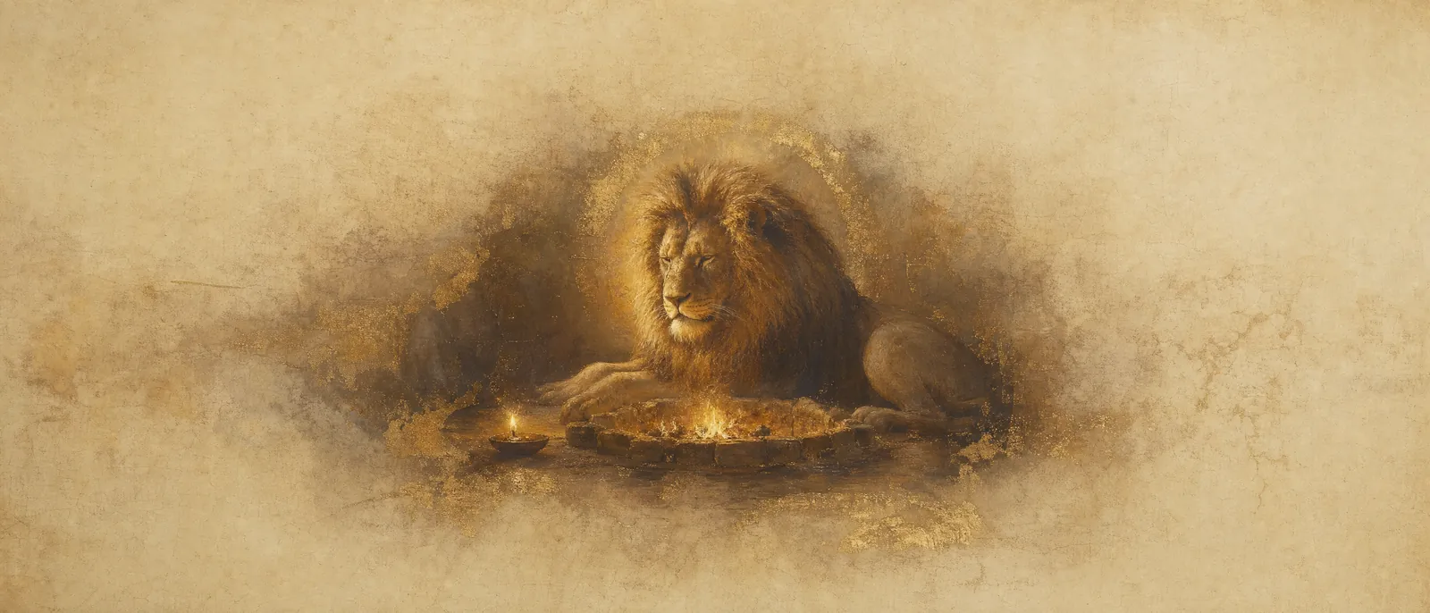 Painterly illuminated-manuscript artwork evoking the Hebrew name Ariel: Lion of God — ari (lion) folded into El.