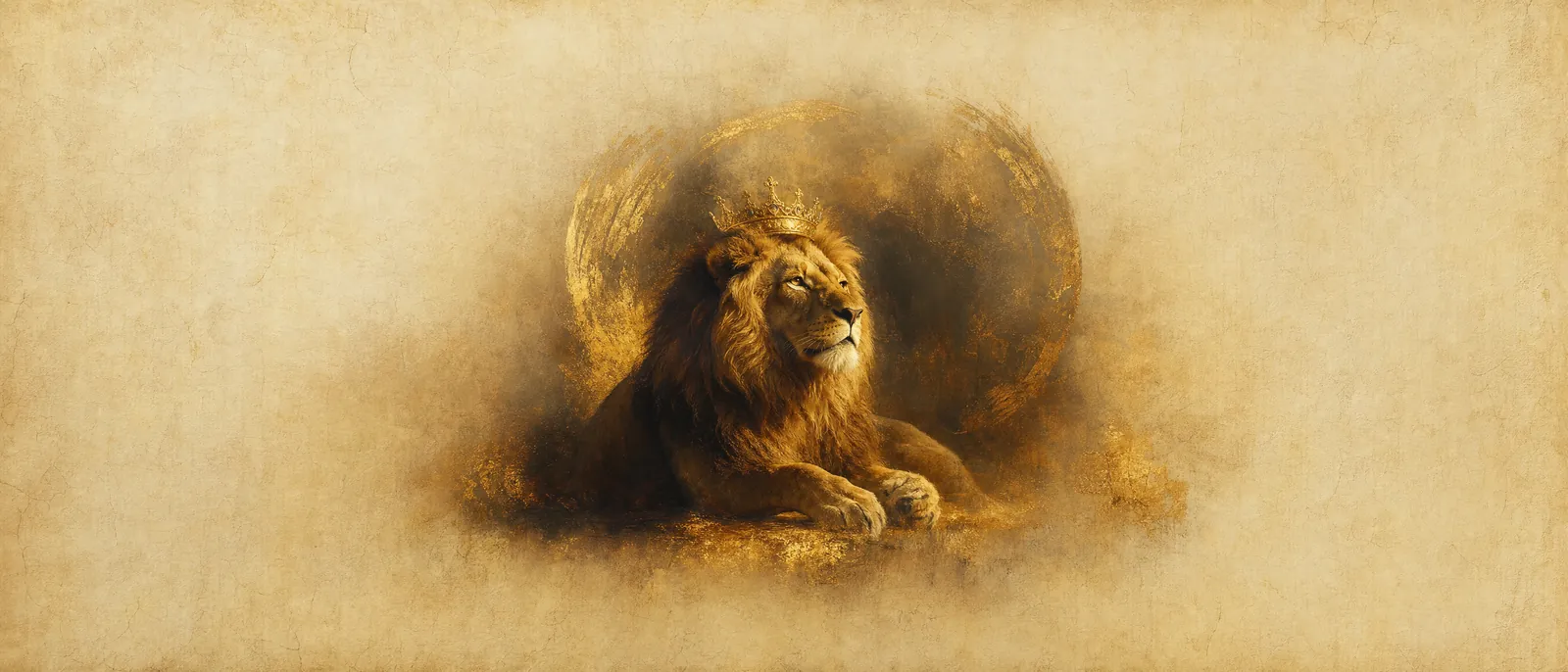 Painterly illuminated-manuscript artwork evoking the Hebrew name Aryeh: Lion — the blessing-animal of Yehudah.