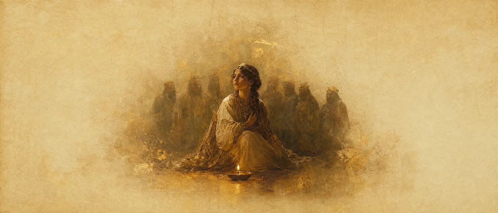 Painterly illuminated-manuscript artwork evoking the Hebrew name Batsheva: Daughter of the oath — or of seven.