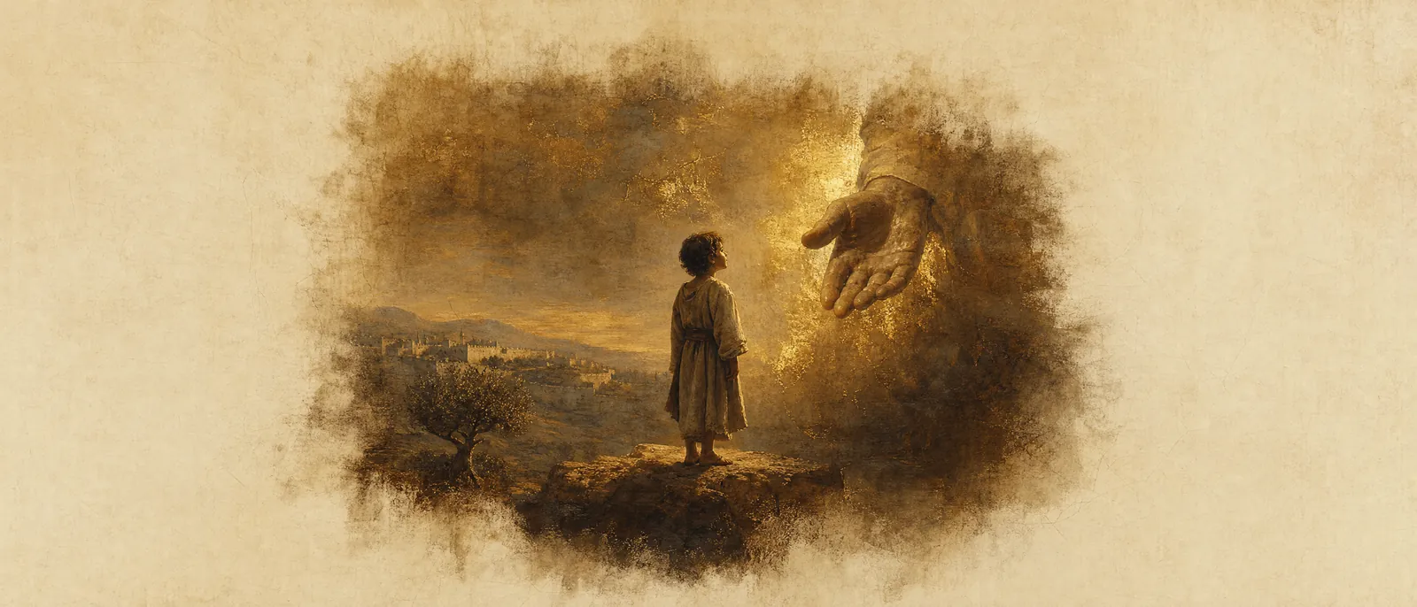 Painterly illuminated-manuscript artwork evoking the Hebrew name Binyamin: Son of the right hand — the only tribe born in the Land of Israel.