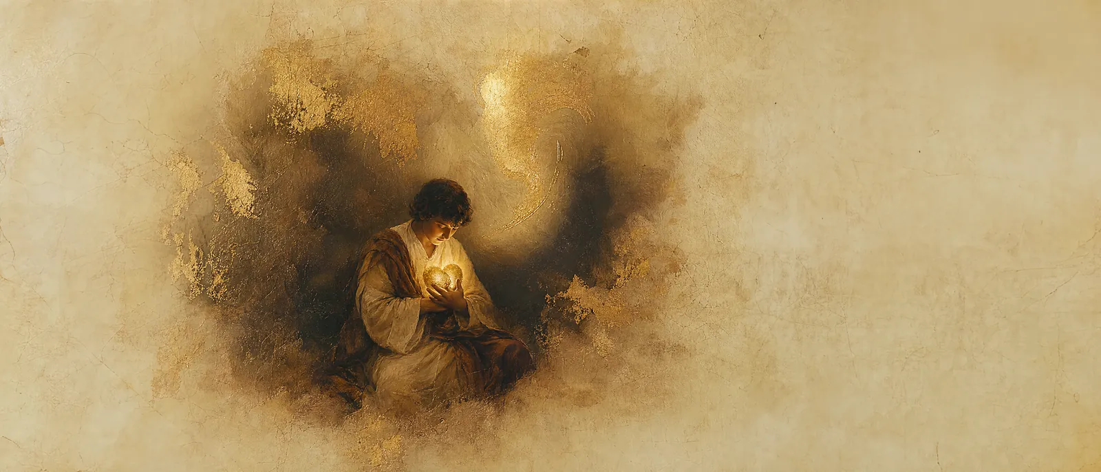 Painterly illuminated-manuscript artwork evoking the Hebrew name Calev: Whole-hearted — kulo lev, 'all heart'.