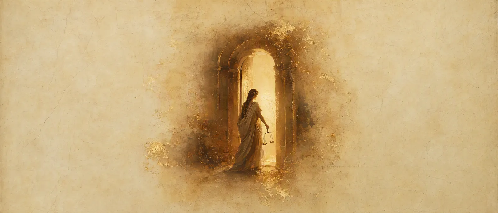 Painterly illuminated-manuscript artwork evoking the Hebrew name Dina: Judgment — the feminine of din.