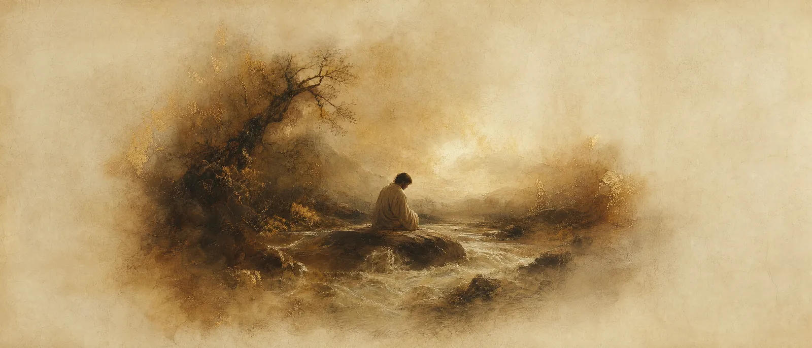 Painterly illuminated-manuscript artwork evoking the Hebrew name Eitan: Steadfast, enduring — a perennial stream.