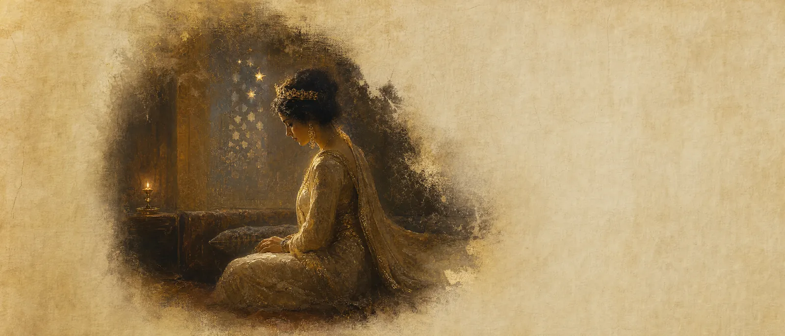 Painterly illuminated-manuscript artwork evoking the Hebrew name Esther: Esther, Queen of Persia.