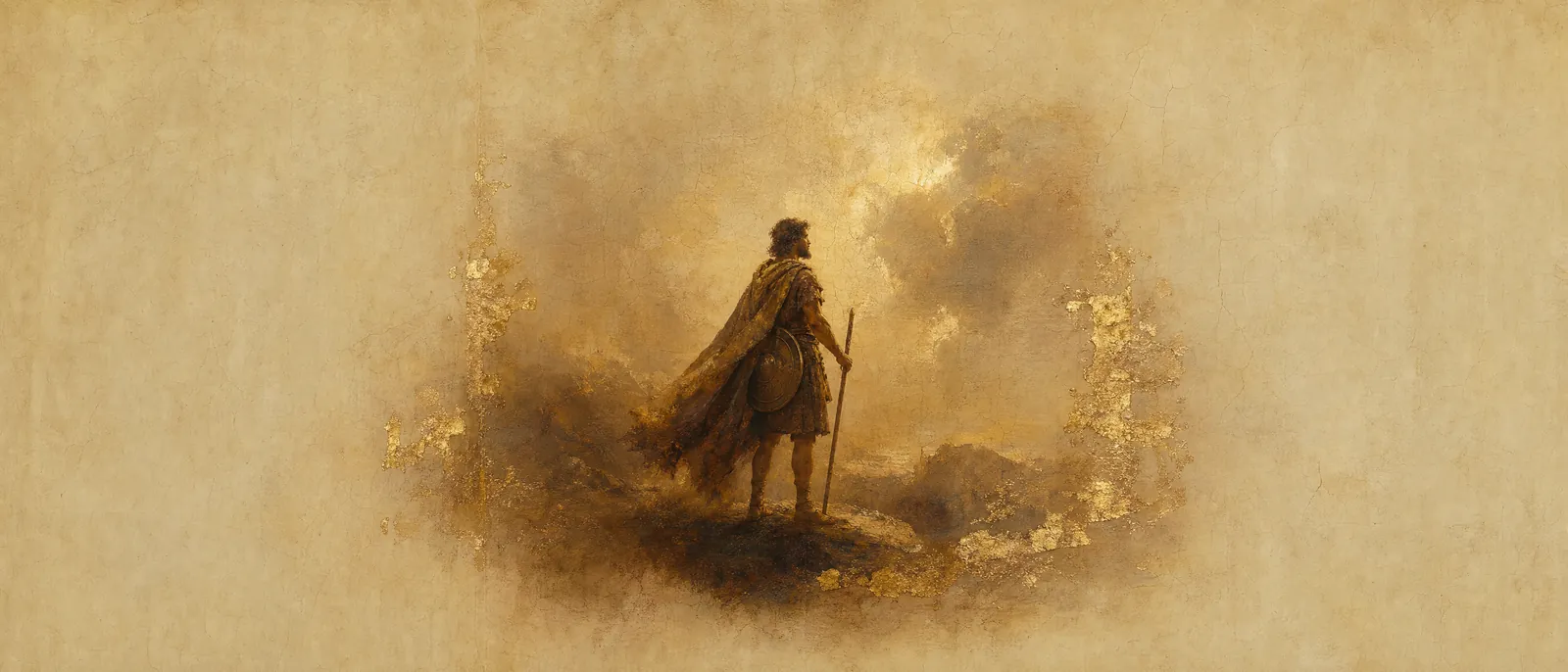 Painterly illuminated-manuscript artwork evoking the Hebrew name Gavriel: God is my strength — gever (might) + El.