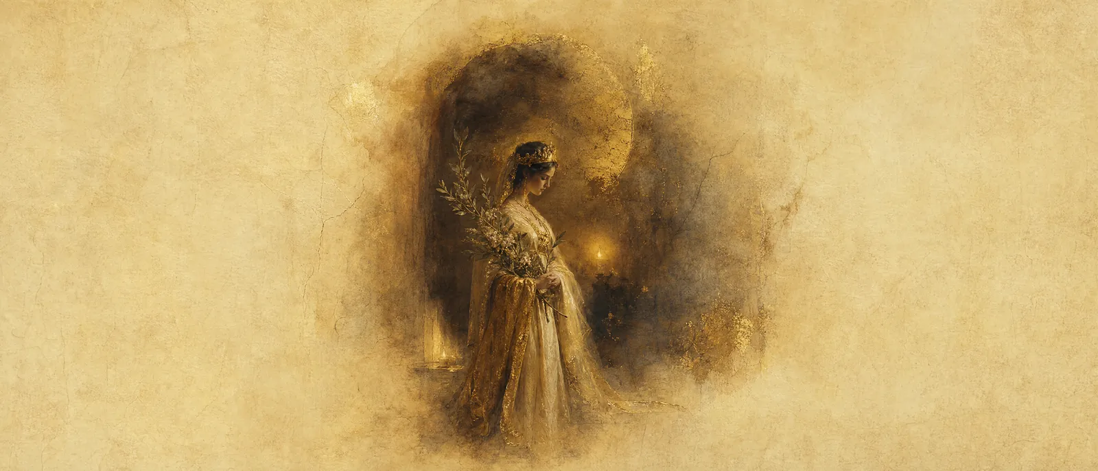 Painterly illuminated-manuscript artwork evoking the Hebrew name Hadassah: Myrtle — the fragrant evergreen of the righteous.