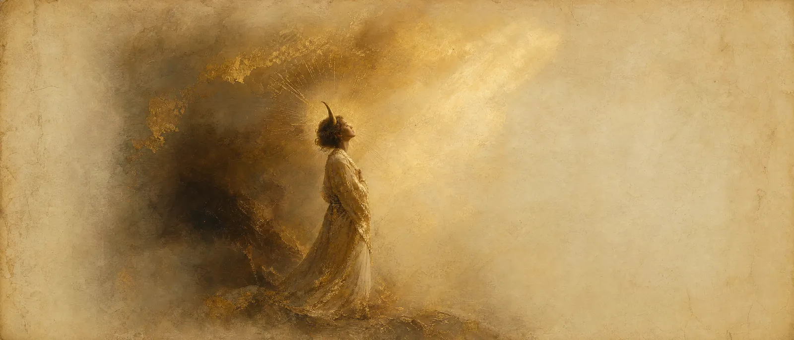 Painterly illuminated-manuscript artwork evoking the Hebrew name Keren: Ray of light; horn — radiance and raised standing.