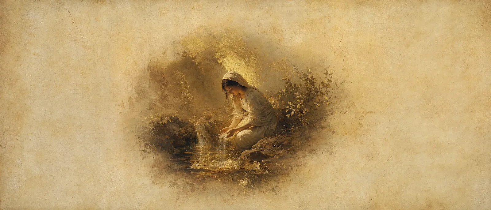 Painterly illuminated-manuscript artwork evoking the Hebrew name Maayan: Spring, wellspring — water that rises from its own source.
