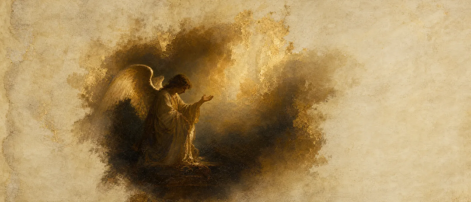 Painterly illuminated-manuscript artwork evoking the Hebrew name Michael: Who is like God? — a name that is a question.