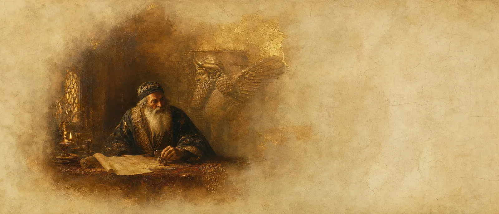 Painterly illuminated-manuscript artwork evoking the Hebrew name Mordechai: Mordechai, cousin and guardian of Esther.