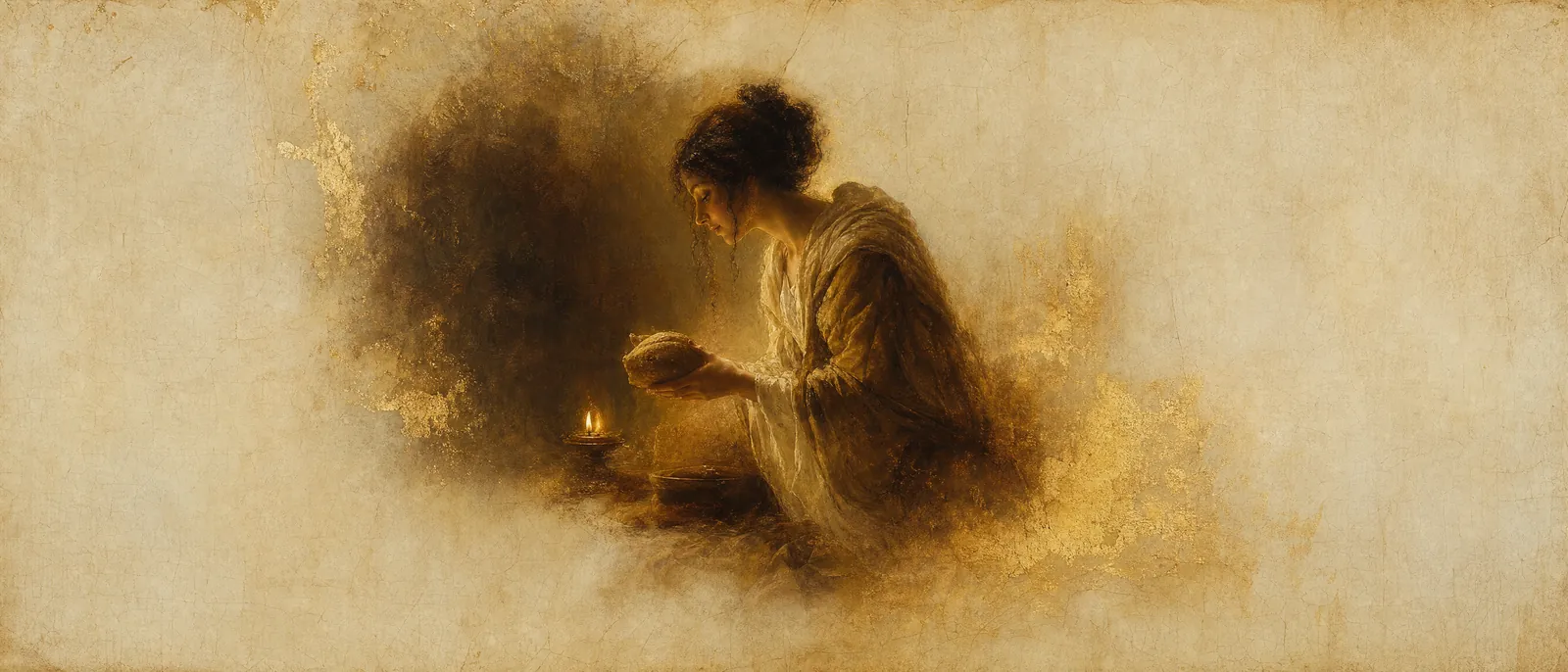 Painterly illuminated-manuscript artwork evoking the Hebrew name Natan: He gave — the verb of giving, perfected.