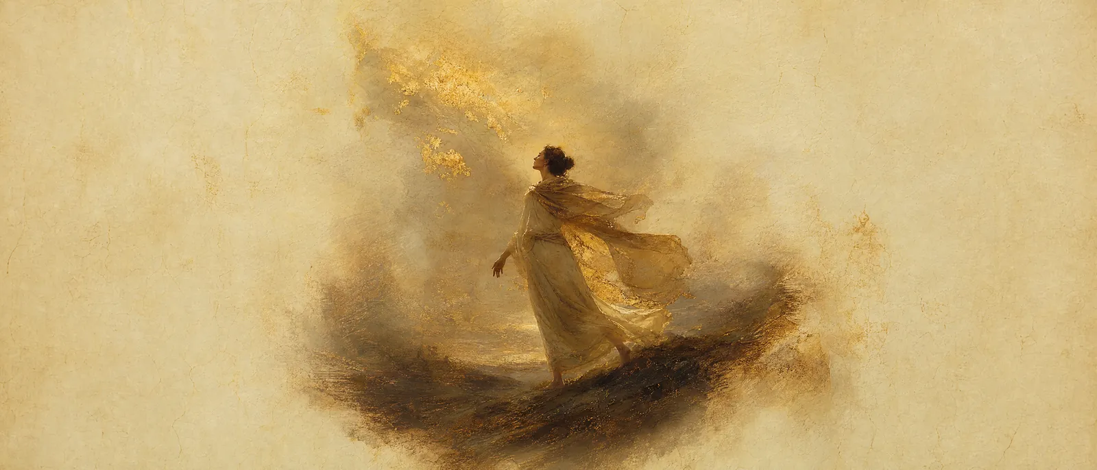 Painterly illuminated-manuscript artwork evoking the Hebrew name Noa: Motion — from the root of movement.