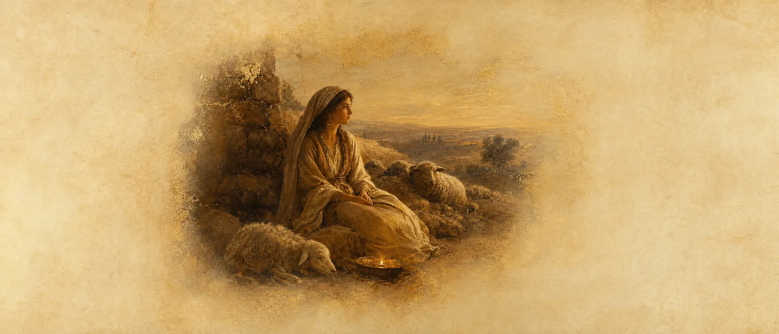 Painterly illuminated-manuscript artwork evoking the Hebrew name Rachel: Rachel, beloved wife of Jacob, mother of Joseph and Benjamin.