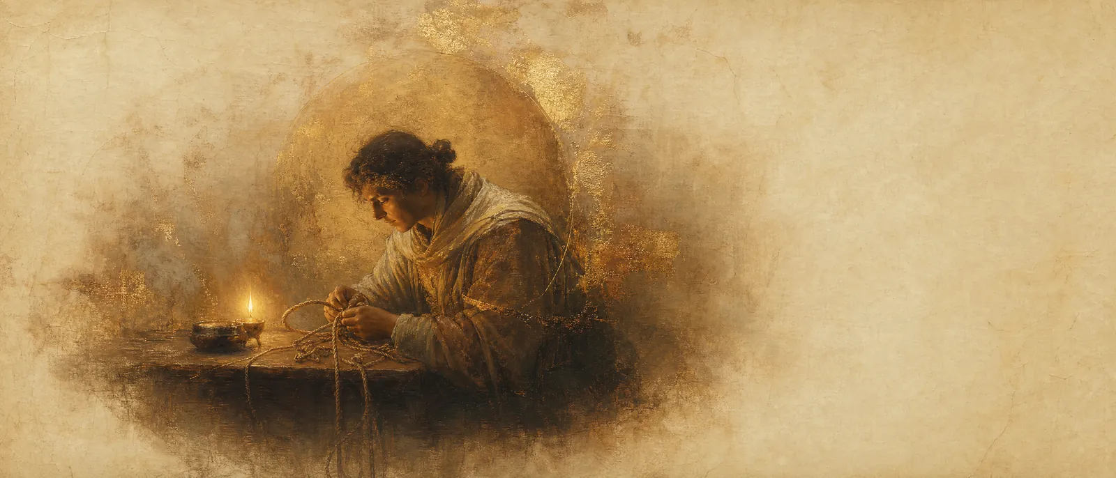 Painterly illuminated-manuscript artwork evoking the Hebrew name Rivkah: Often linked to the root meaning 'to bind' or 'tie fast'; the precise sense is debated.