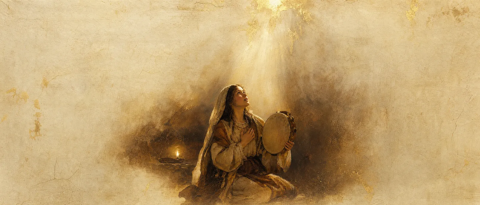 Painterly illuminated-manuscript artwork evoking the Hebrew name Roni: My joy-cry (rinah) — the command to sing.