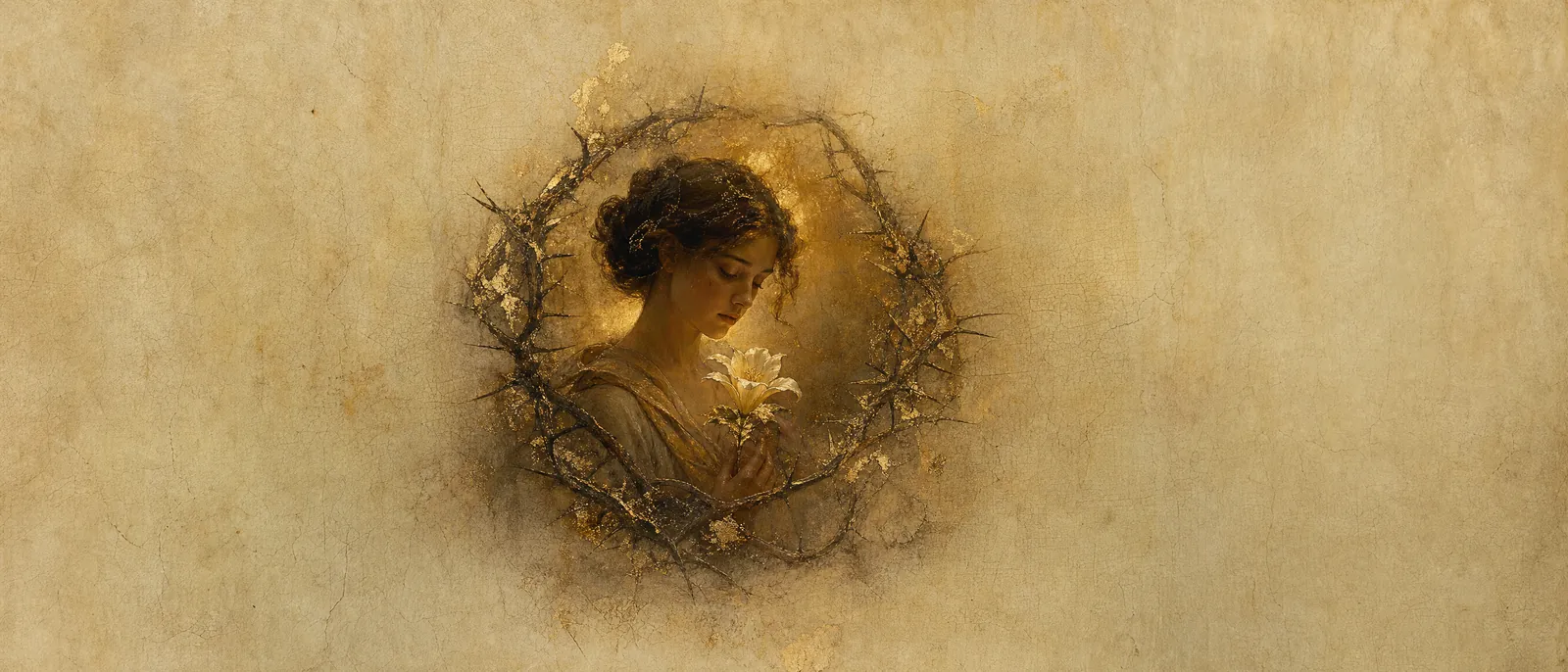 Painterly illuminated-manuscript artwork evoking the Hebrew name Shoshana: Lily or rose — the flower among the thorns.