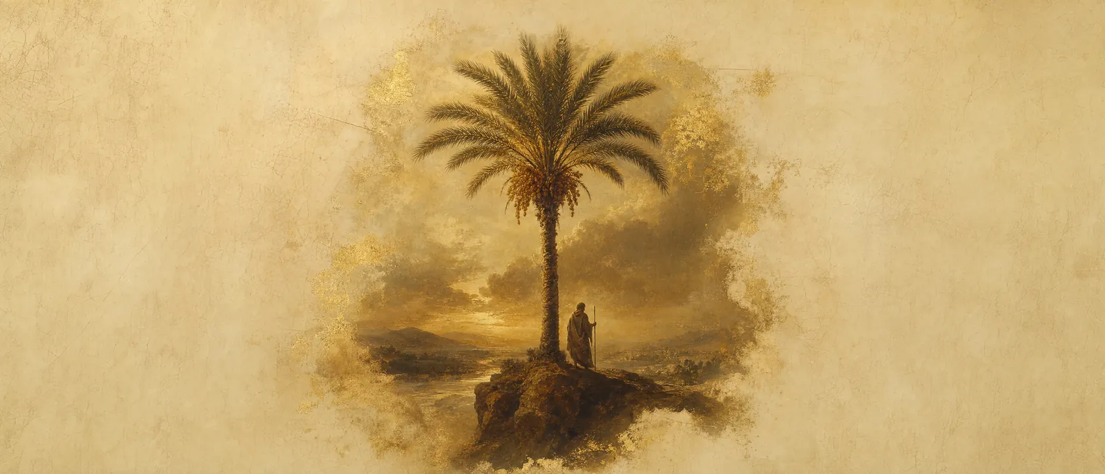 Painterly illuminated-manuscript artwork evoking the Hebrew name Tamar: Date palm (from the root t-m-r); also an upright, towering form.