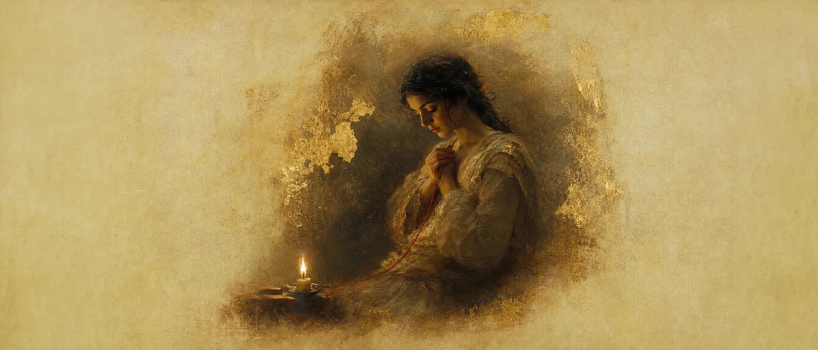 Painterly illuminated-manuscript artwork evoking the Hebrew name Tikva: Hope — literally a cord; the scarlet thread.
