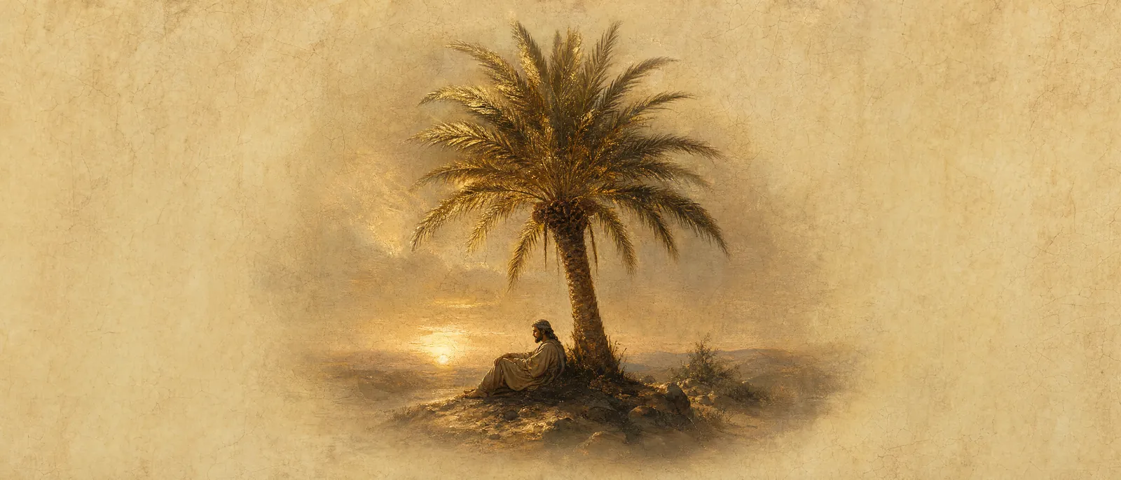 Painterly illuminated-manuscript artwork evoking the Hebrew name Tomer: Palm tree — the masculine form of Tamar.