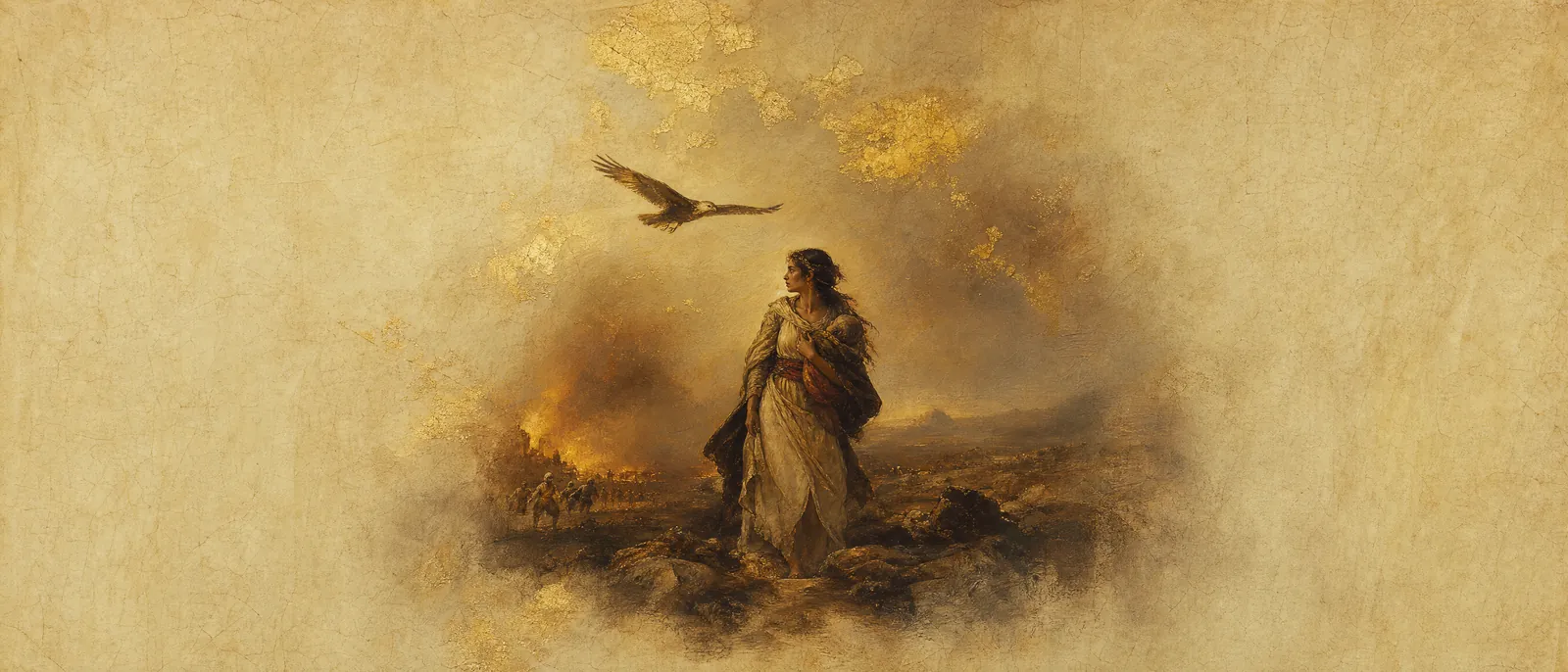 Painterly illuminated-manuscript artwork evoking the Hebrew name Tzipporah: Bird — the swift one of Midian.