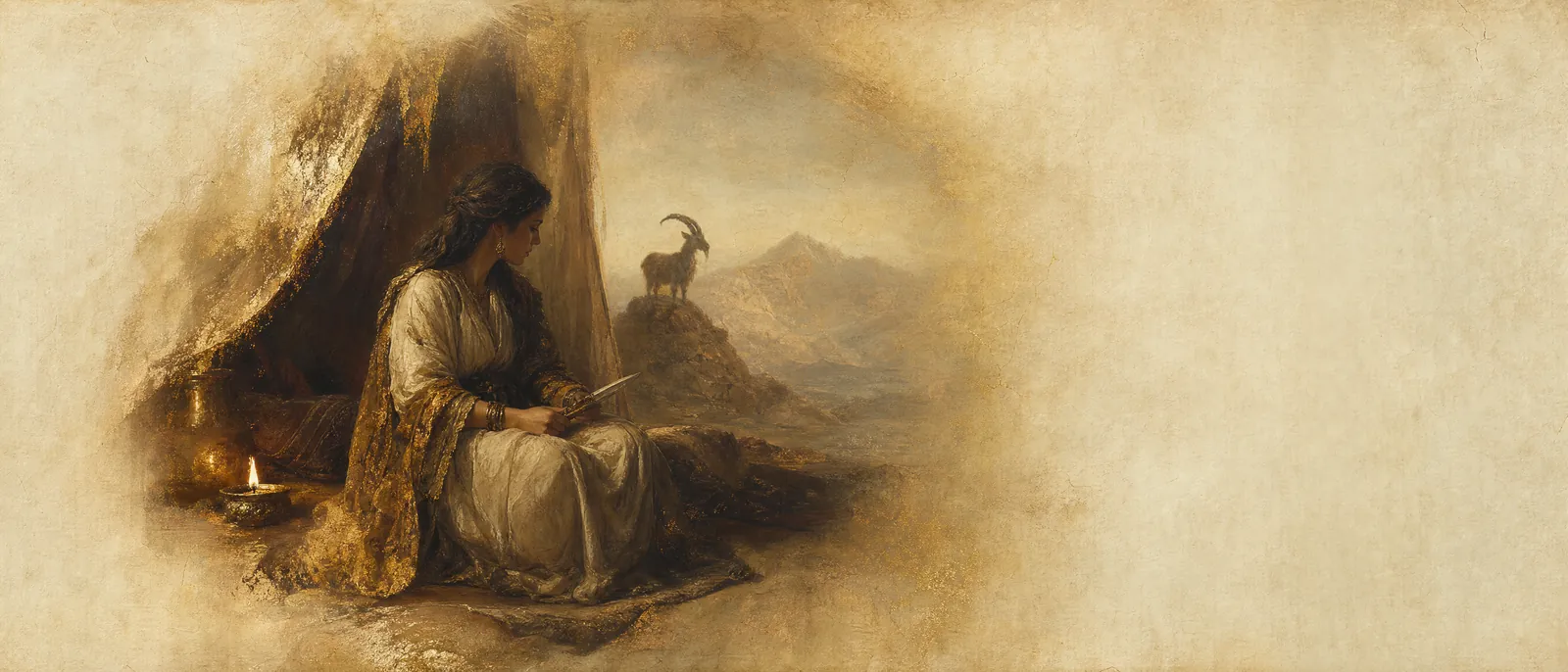 Painterly illuminated-manuscript artwork evoking the Hebrew name Yael: Yael, wife of Heber the Kenite.