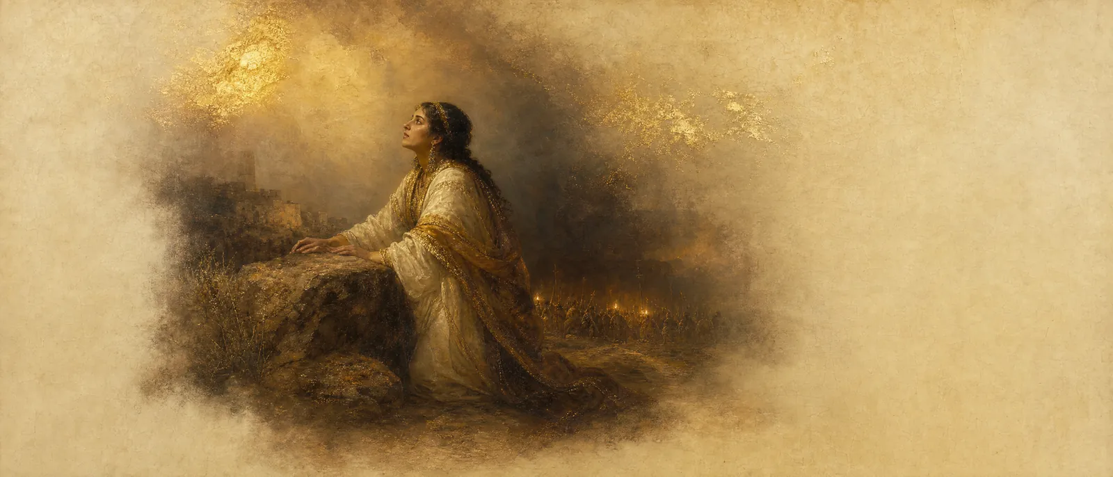 Painterly illuminated-manuscript artwork evoking the Hebrew name Yehudit: "Woman of Judah" or "praised," from the root that gives Yehudah (praise, thanksgiving).