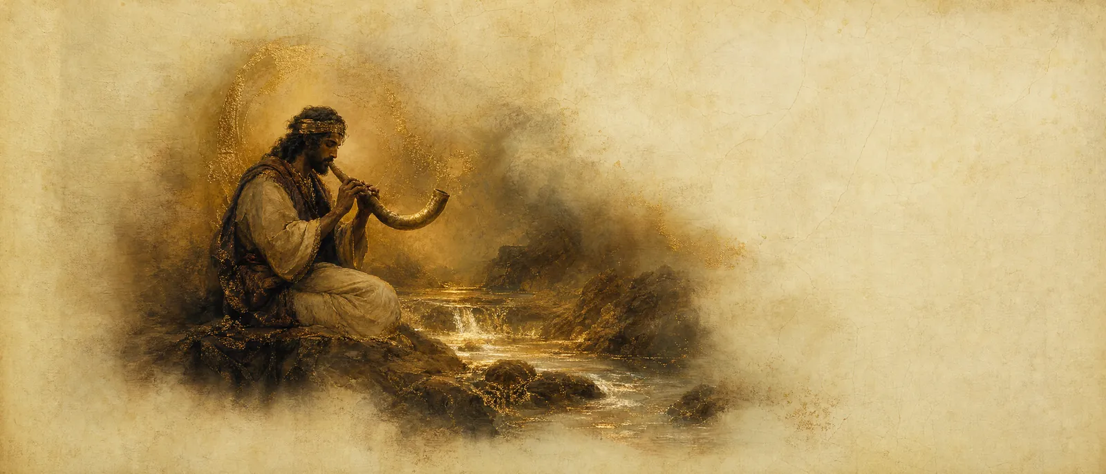Painterly illuminated-manuscript artwork evoking the Hebrew name Yuval: Stream; the jubilee ram's horn; the first musician.